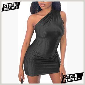 Slim Fit One Shoulder PU Leather Mini Dress for Club Night Out